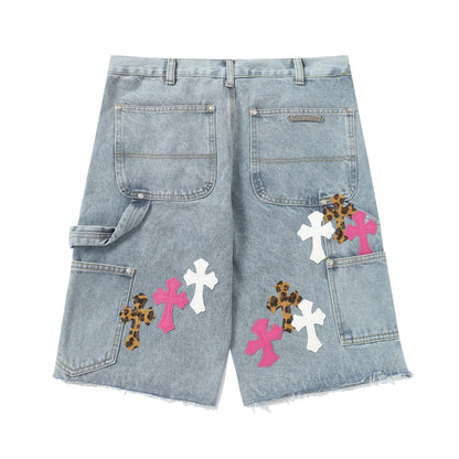 Chrome Hearts Vintage Cross Patchwork Washed Carpenter Denim Shorts 201